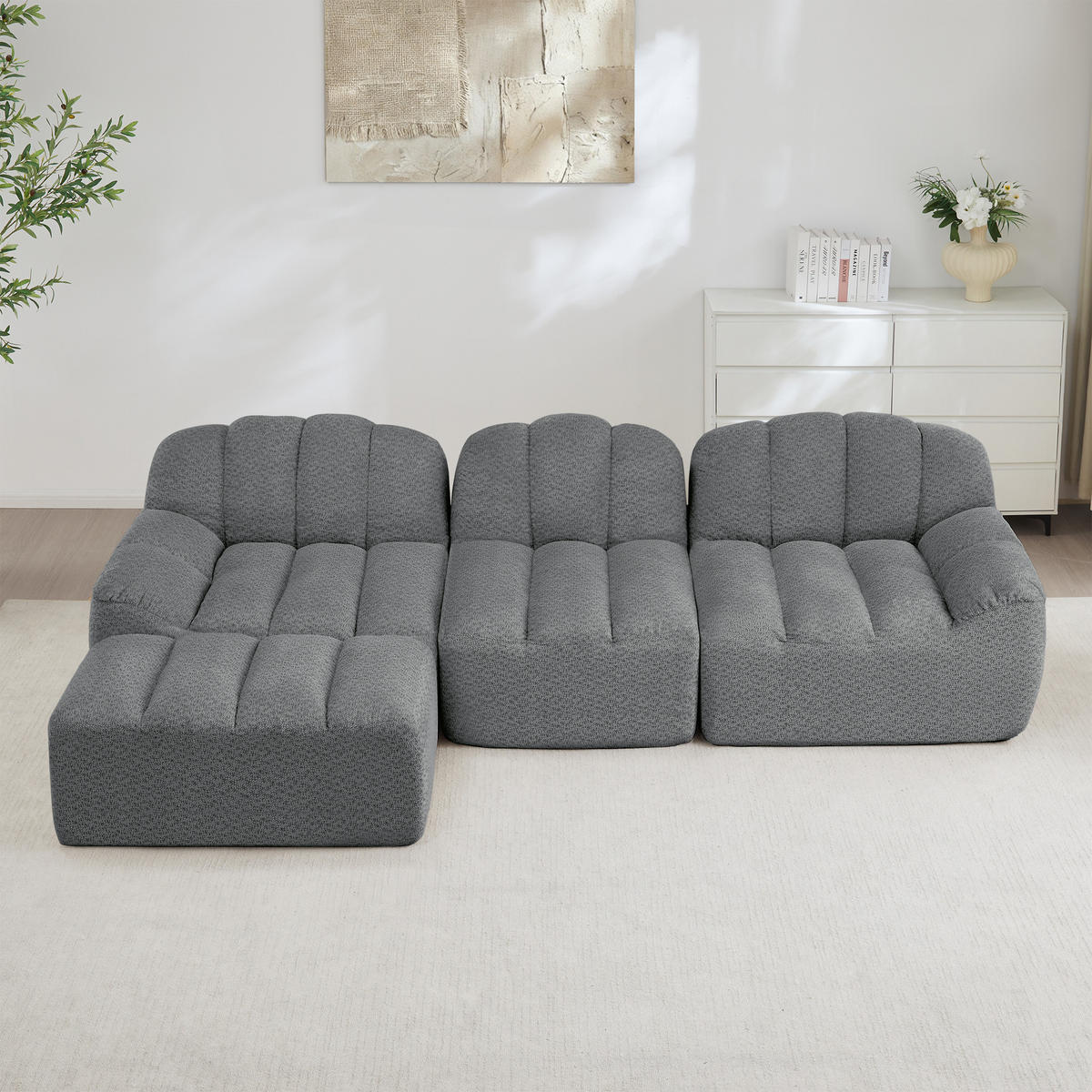 3-SITZER ECKSOFA Granulierter Fleece Grau mit Ottomane - Grau, Textil (288/165cm) - WISHDOR