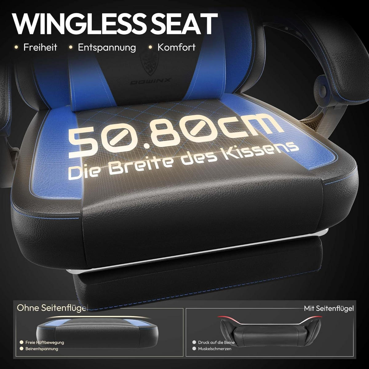 GAMING-STUHL ergonomischer & 150 kg Tragfähigkeit, Fußstütze, PU-Leder - Blau, Leder (65/127/63cm)