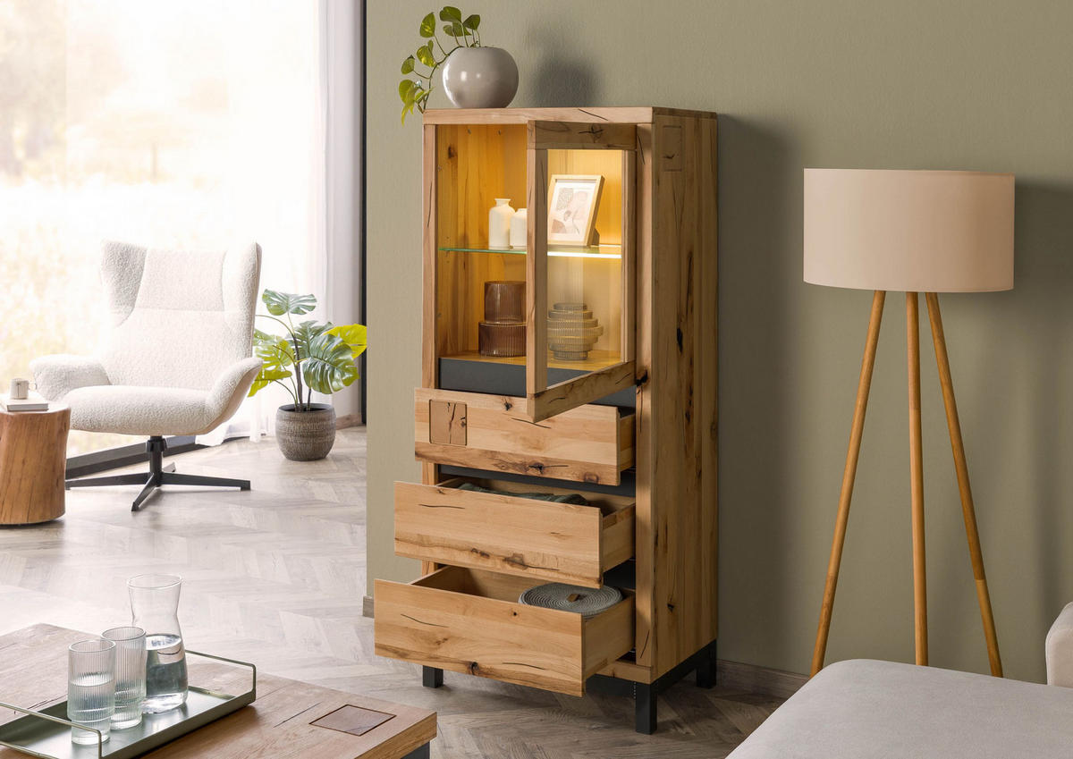 VITRINE Kernbuche 65x40x148 natur geölt VILLANDERS #103 - Braun, Holz (65/148/40cm) - Massivmoebel24