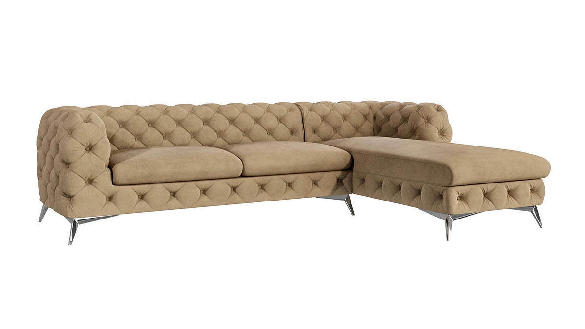 ECKSOFA Chesterfield Laura Beige Samt - Beige/Silberfarben, Holz/Textil (305/200cm) - S-Style Möbel