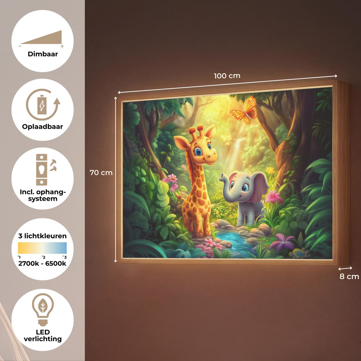 WANDLEUCHTE MIT AKKU Giraffe - Elefant - Blumen - Dschungel 100x70 cm - Grün, Holzwerkstoff (100/70/8cm) - OnlyWow