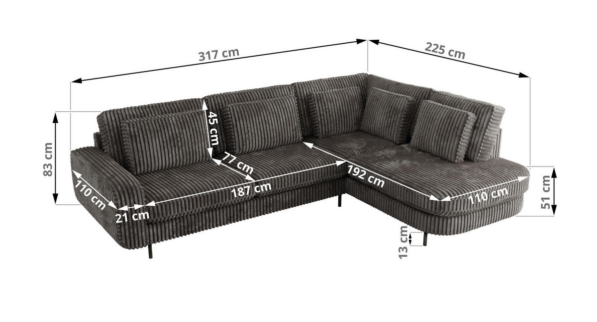 ROHOVÁ SEDAČKA CALENO L - Šedá Manšestr - Pravá Strana - šedá/černá, kov/textil (317/225cm) - MKS
