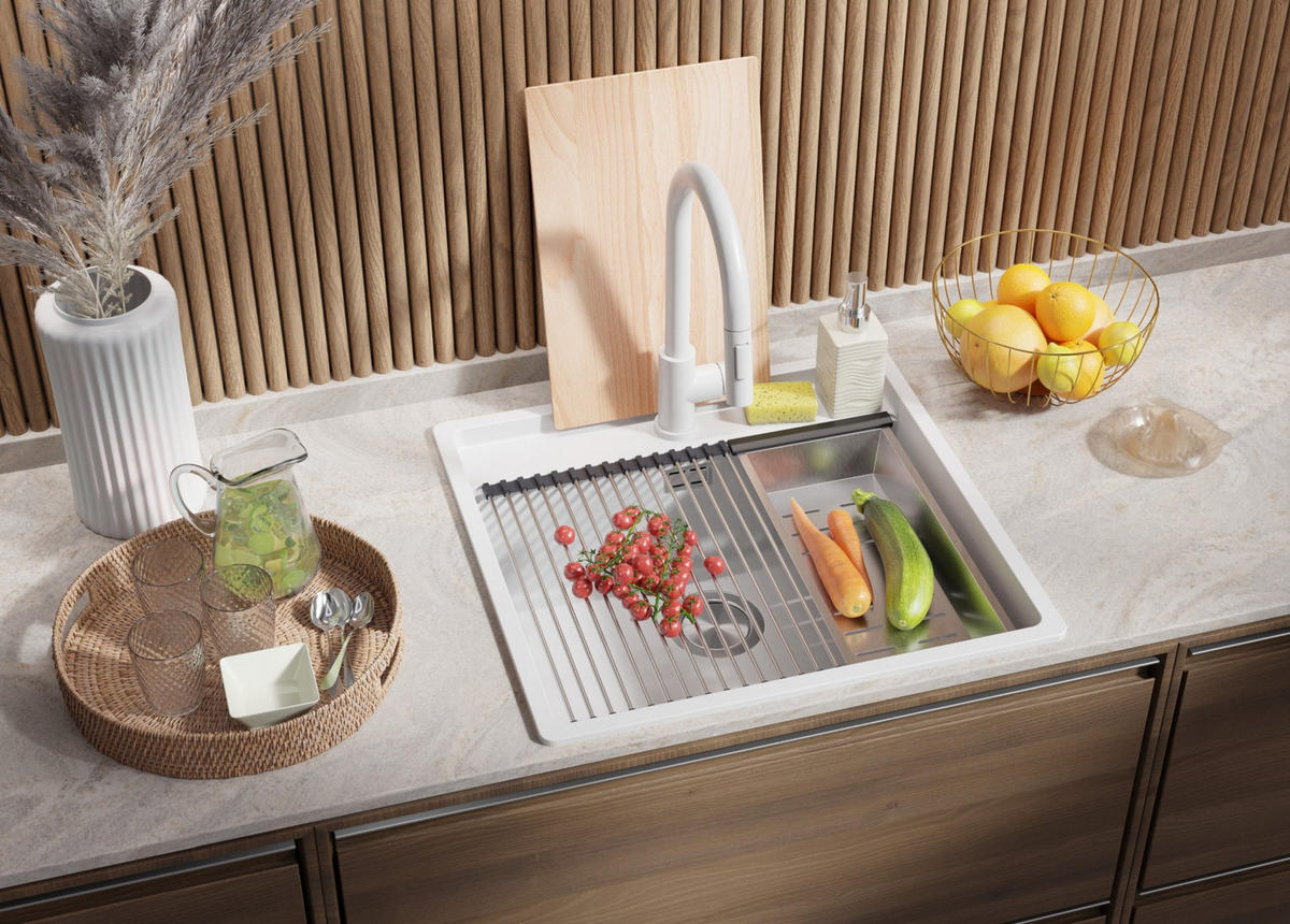 GRANITSPÜLE Bergen, 2-er set Alles Weiß 56/53 cm 1 Becken + Küchenarmatur 40/20 cm + Ablauf-Set + Schneidebrett ab 60er Unterschrank - Beige/Weiß, Kunststoff (56/20/53cm) - Primagran