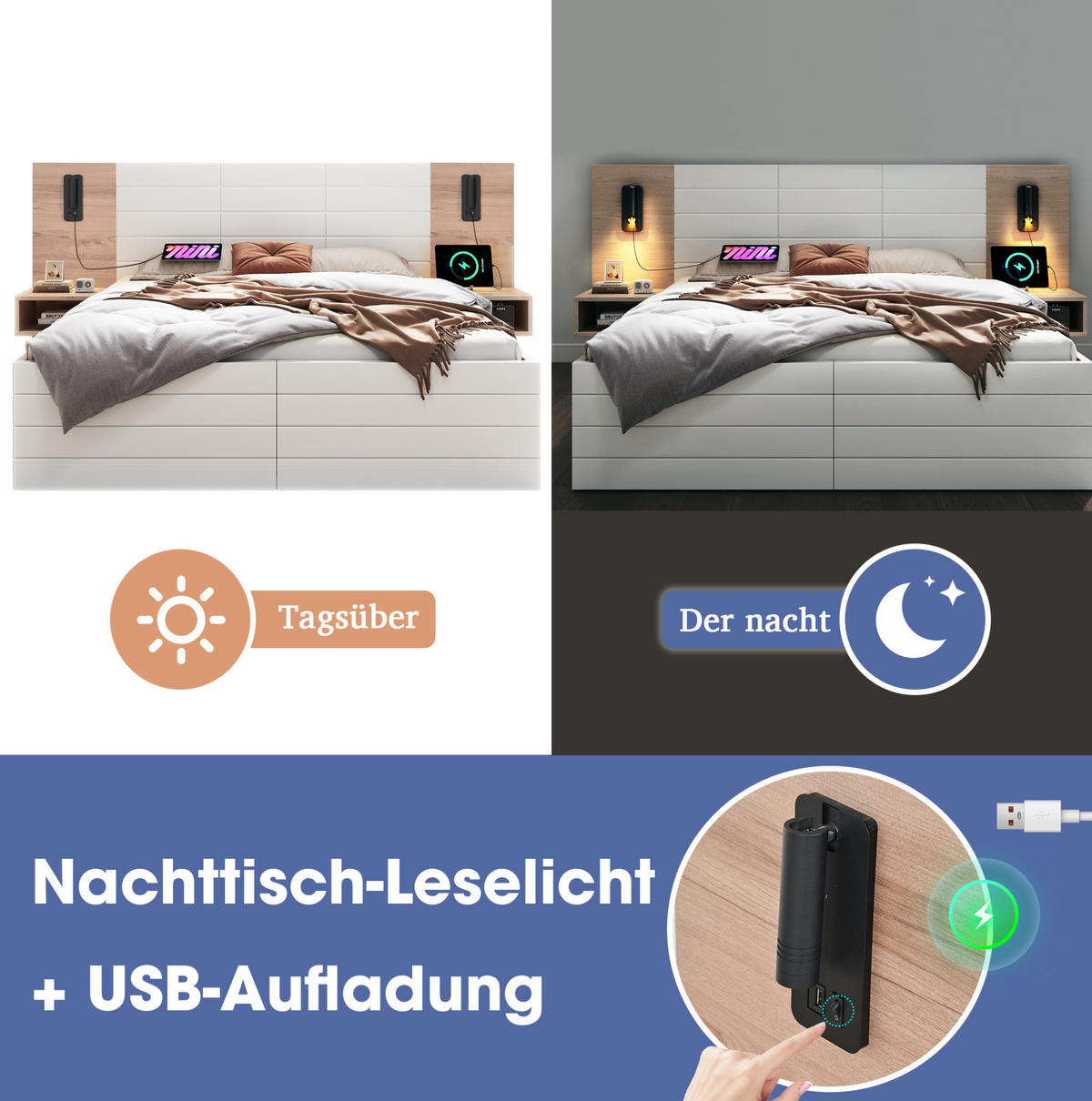 KREVET 160/200 cm s LED rasvjetom, USB priključkom i ladicama, masivno drvo i MDF, Bijela i svijetli hrast - bijela, drvni materijal (160/200cm) - Redom