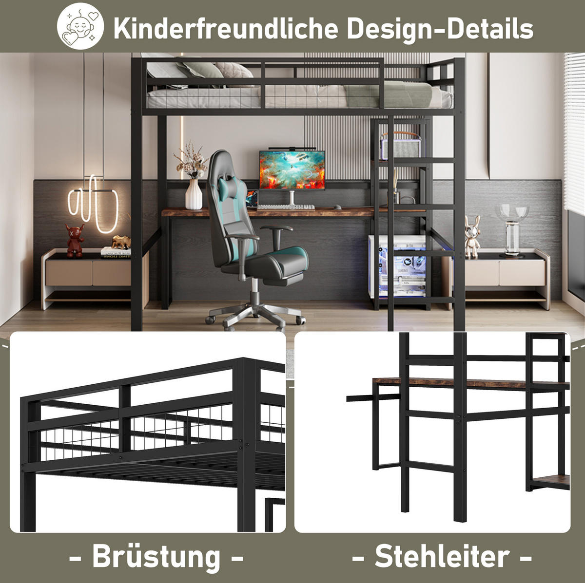 HOCHBETT 140/200 cm aus Metall mit Schreibtisch, Regalen und USB- und Type-C-Anschlüssen - Schwarz, Metall (140/200cm) - Flora Grace