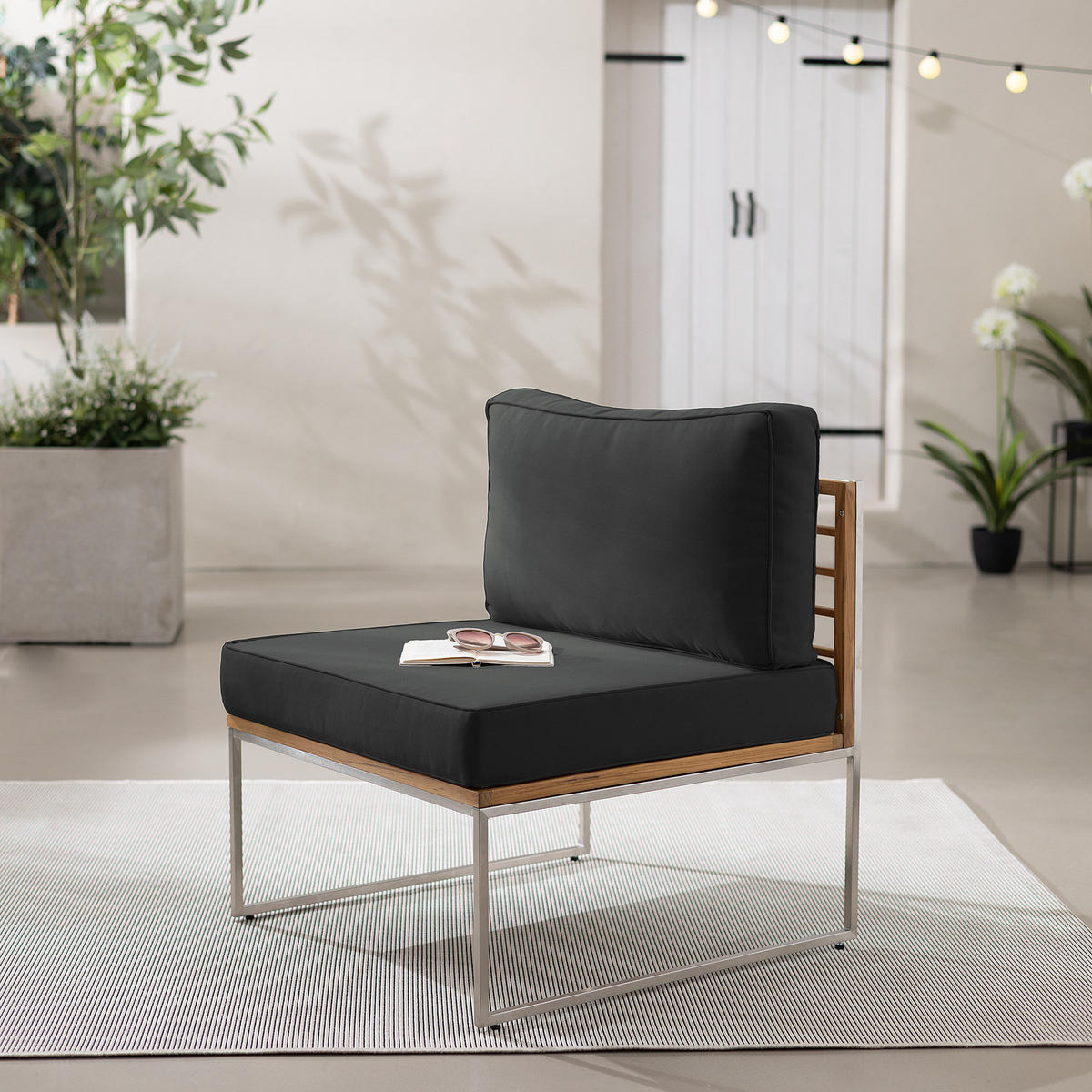 LOUNGESESSEL - Webstoff / Teak massiv - Anthrazit, Holz/Textil (70/74/70cm) - home24