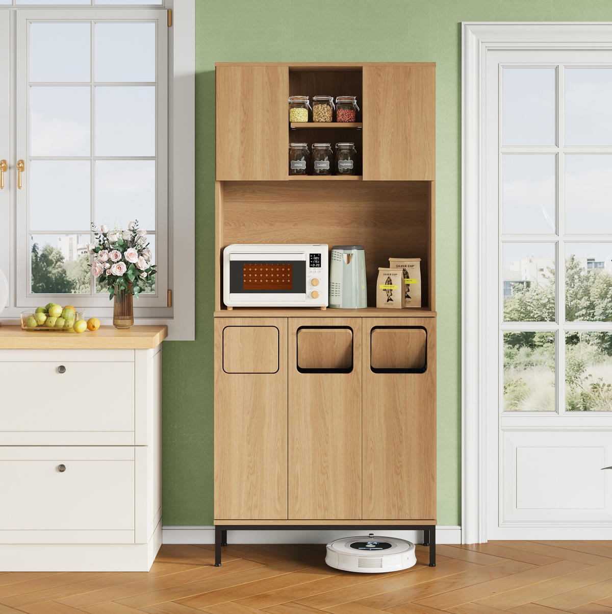 BUFFET aus MDF 35x80x181 cm Natur mit 3 Fächern, Mikrowellenablage und Stauraum - Naturfarben, Holzwerkstoff (80/181/35cm) - Modfu