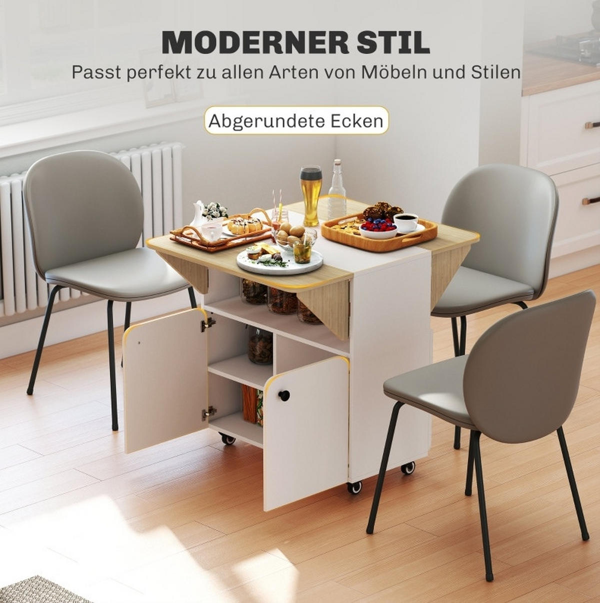 KLAPPTISCH 70/83/75 cm mit 2 Klappseiten, Stauraum und 4 Rollen, Weiß - Weiß, Holz (70/83/75cm) - Redom