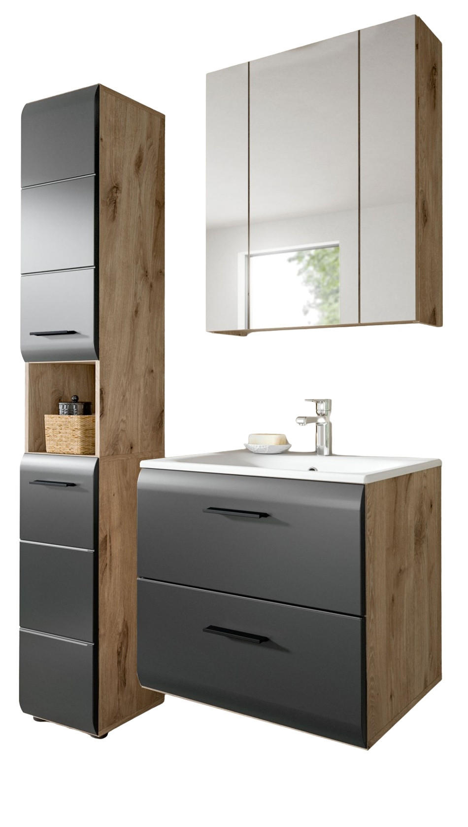 BADMÖBEL-SET 3-teilig Schwarz matt, Eiche Nox, Badezimmer Komplett-Set mit Waschbecken, 105 x 185 cm - Eichefarben/Schwarz, Glas/Keramik (105/185/46cm) - Inn.Furn