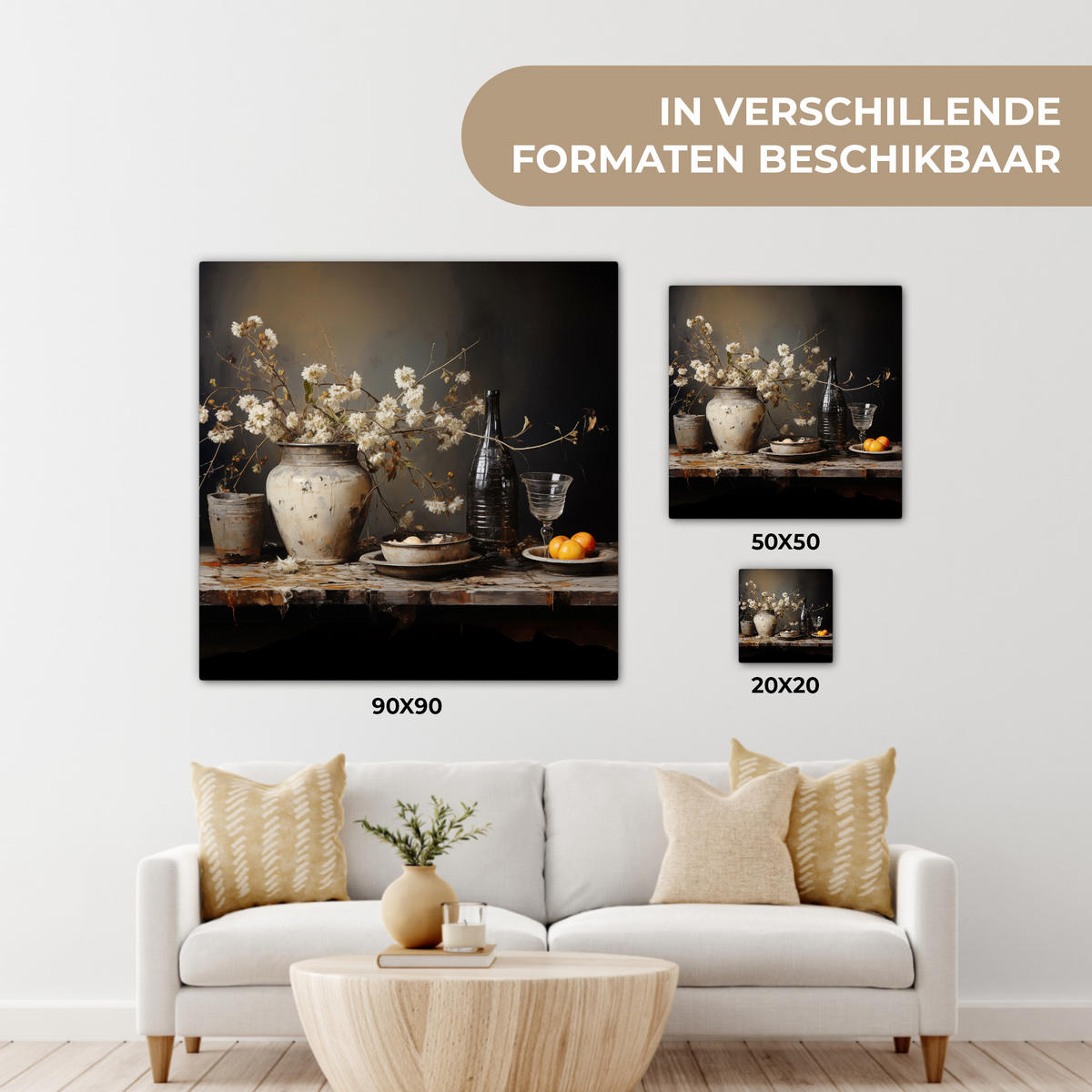 LEINWANDBILD Stilleben - Blumen - Blumenstrauß - Vase - Wein Deko Wohnzimmer 20x20 cm - Schwarz, Textil (20/20cm) - MuchoWow