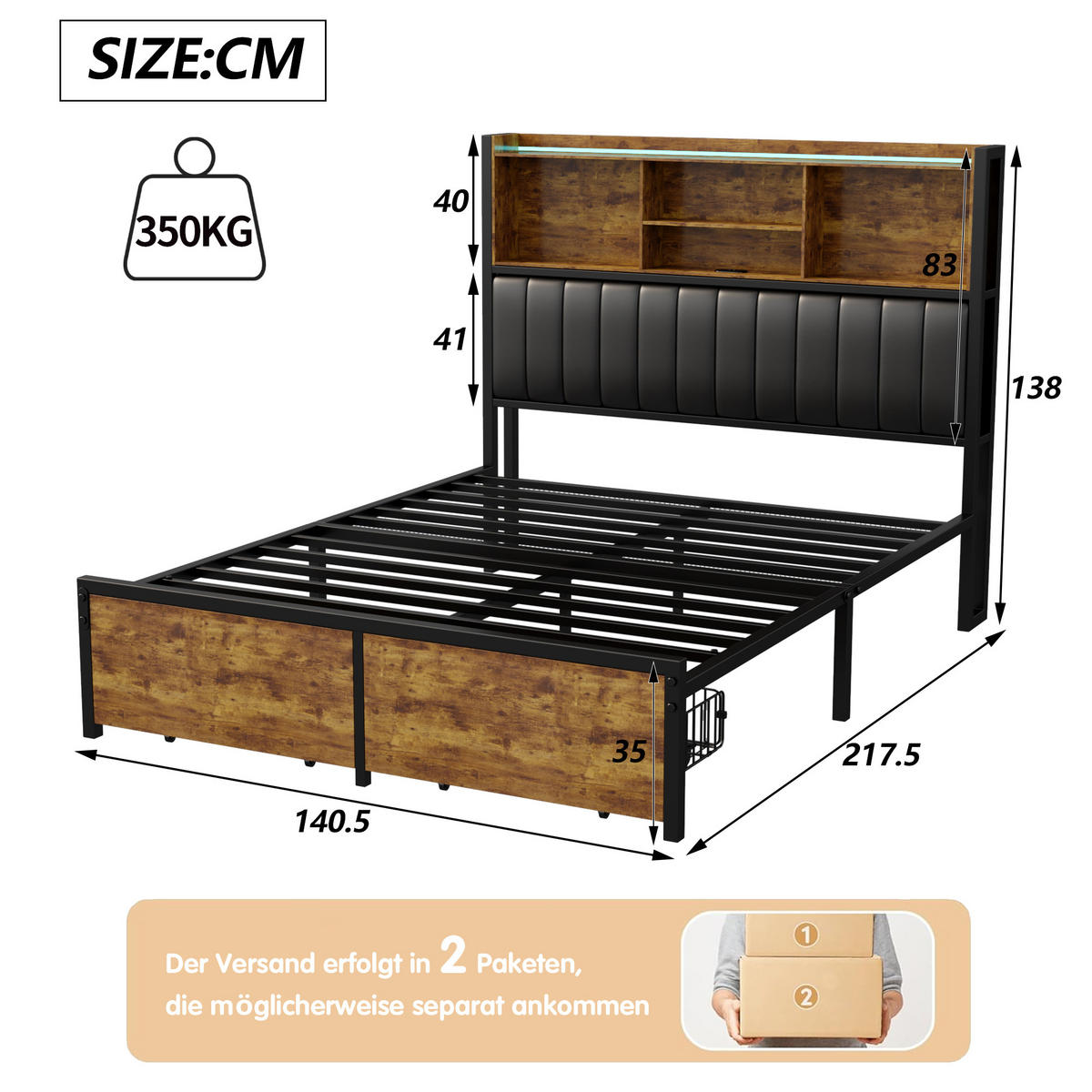 POLSTERBETT 140x200 cm, Schwarz, mit Schubladen, LED-Beleuchtung, USB - Schwarz, Textil/Metall (160/200cm)