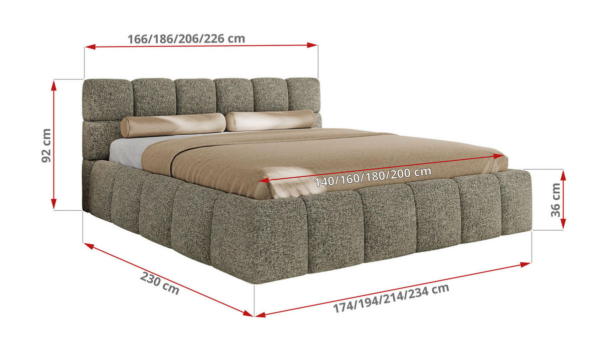 POLSTERBETT NIRA CLASSIC 200/200 - Grau Strukture - Pocket-Matratze - Grau, Textil (200/200cm) - MKS