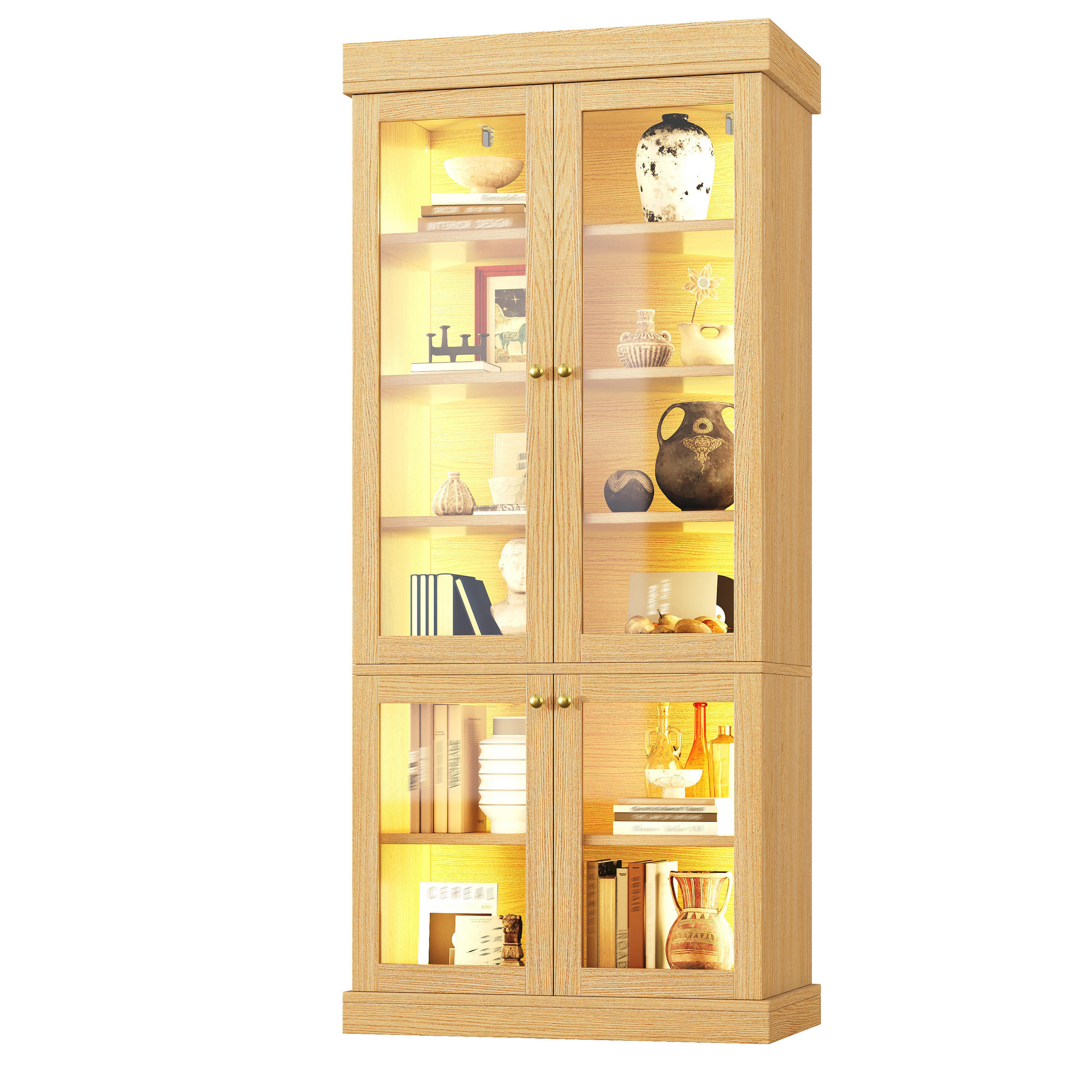 VITRINE Naturfarben 80×40×180 cm mit LED-Stimmungsbeleuchtung, Glasfront und Kippschutz aus Holzwerkstoff und Glas - Naturfarben, Holzwerkstoff (80/180/40cm) - Luhomfu