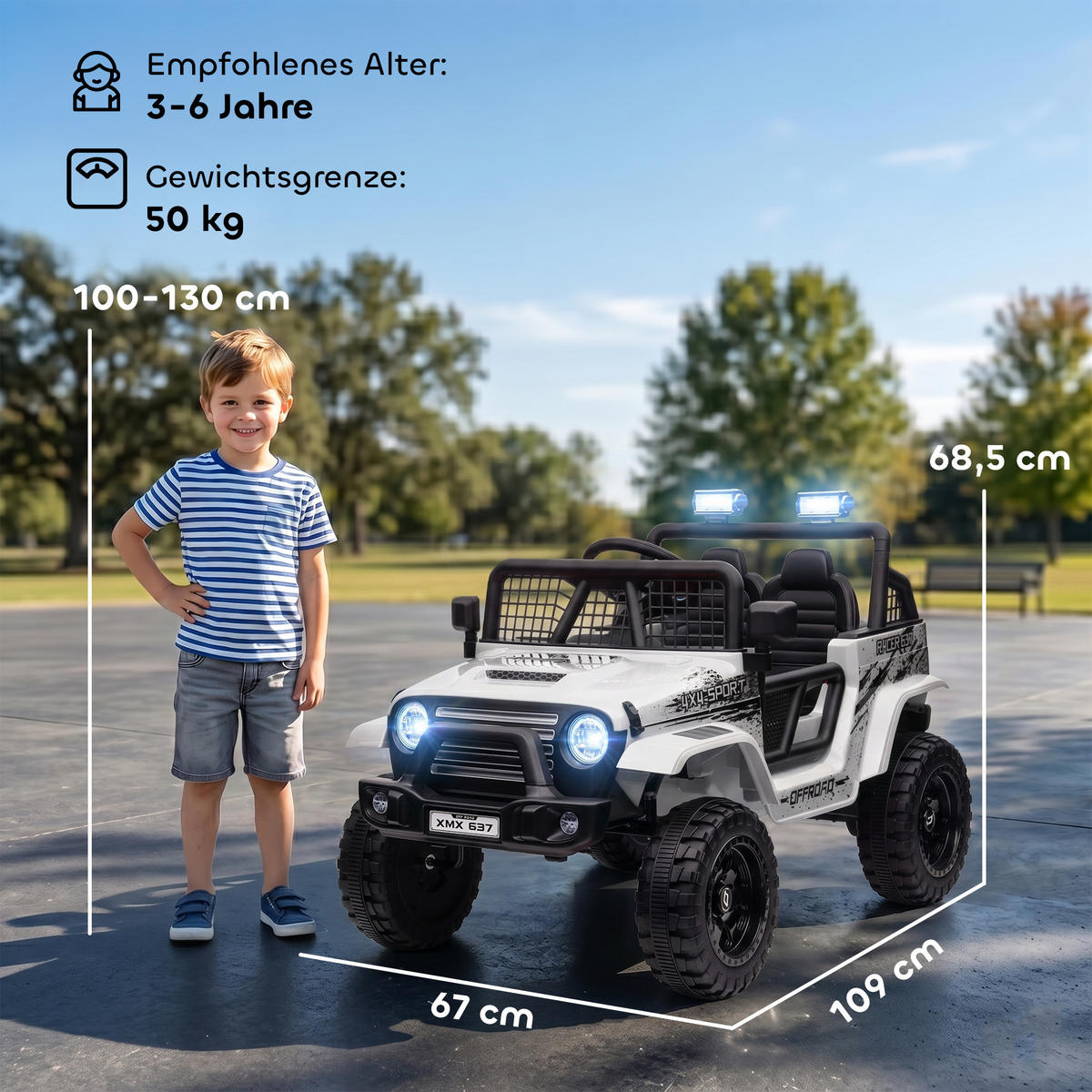 KINDER Elektroauto, Geländewagen mit 2,4G Fernbedienung, 3-5 km/h für 3-6 Jahre - Weiß, Metall (109/67/68.5cm) - AIYAPLAY