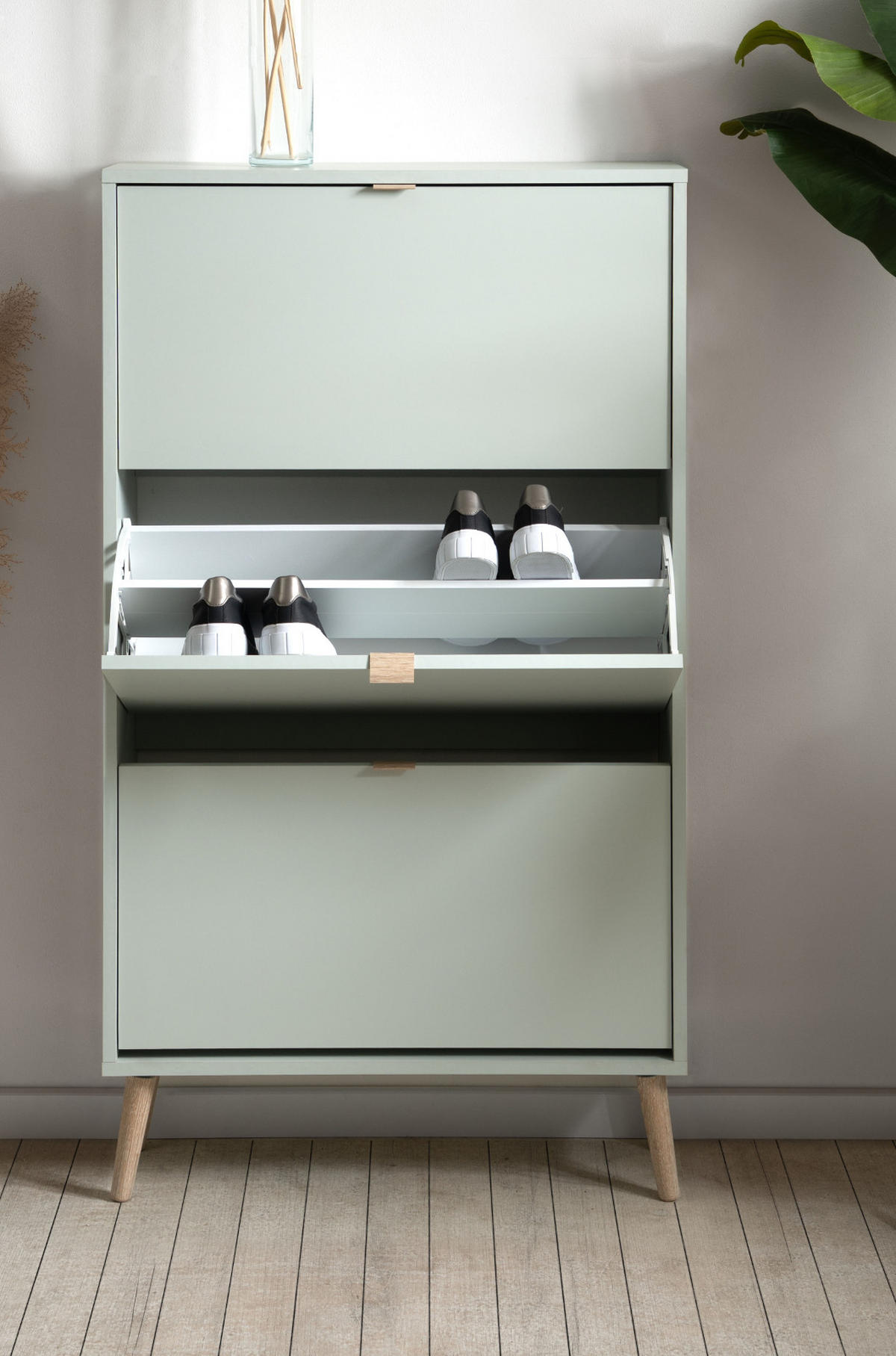 SCHUHSCHRANK Pastellgrün 70 x 125 cm, Schuhkipper mit 3 Klappen - Eichefarben/Pastellgrün, Eichenholz/Holz (70/125/24cm) - Furn.Design