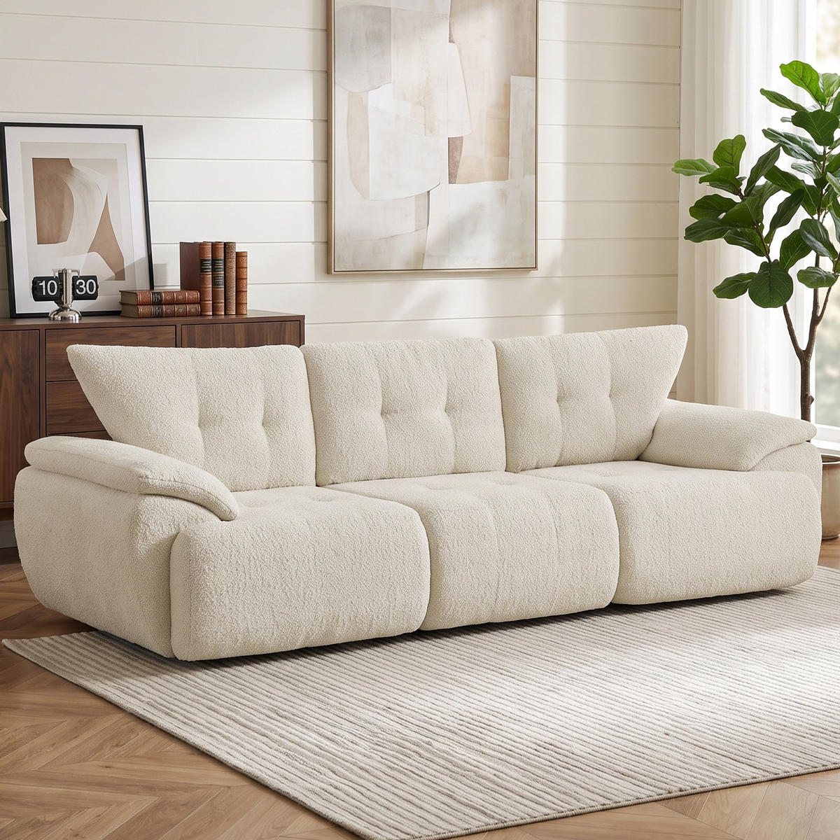 3-SITZER-SOFA Chenille 100 Polyester hochdichter Schaumstoff Cremeweiß - Creme, Textil (92/80/260cm) - HOMCOM