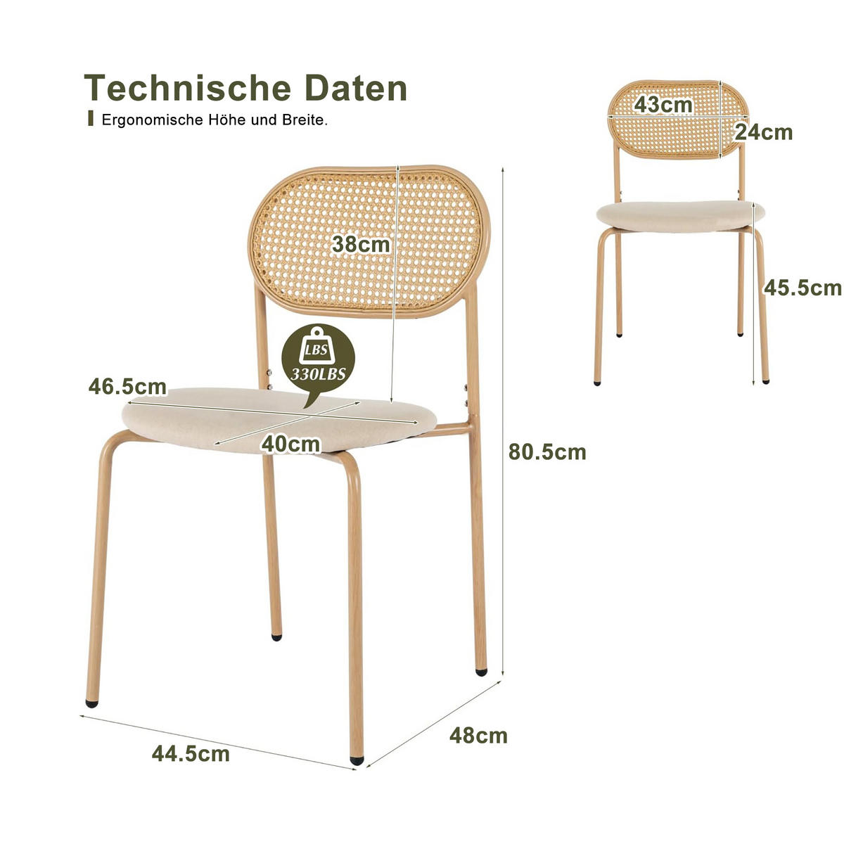 ESSZIMMERSTÜHLE 2er-Set, Rattan und Metallbeine, Holzfarbe - Beige, Holz (44.5/80.5/48cm)
