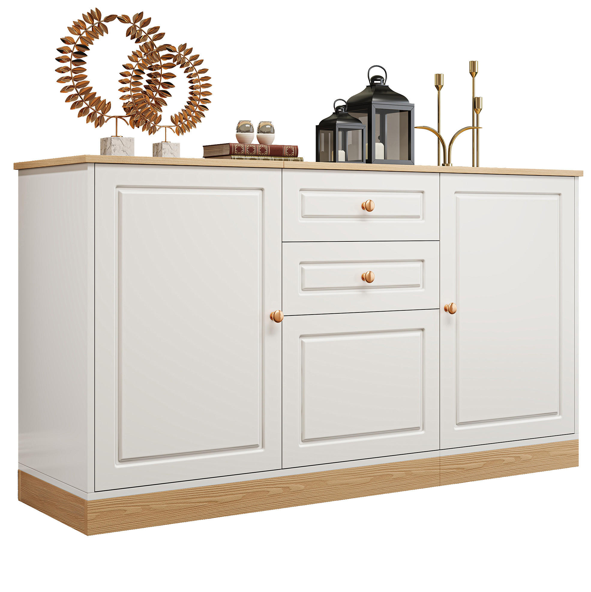 SIDEBOARD 135.5/39/76 cm Weiß und Holzfarbe aus Holzwerkstoff mit 3 Türen und 2 Schubladen - Weiß, Holzwerkstoff (39/76/135.5cm) - OKMYHOME