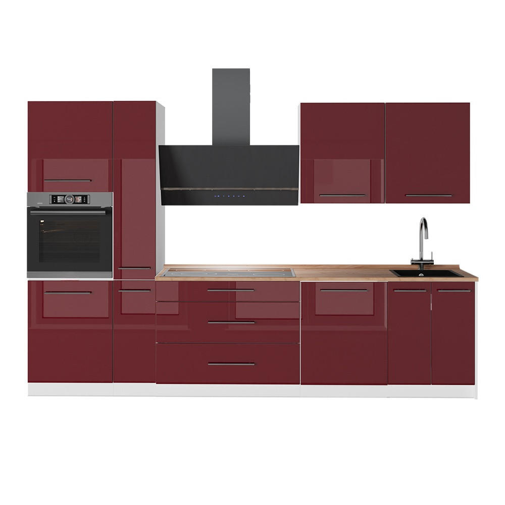 KÜCHENZEILE Fame-Line, Bordeaux Hochglanz/Weiß, 310 cm, AP Eiche - Bordeaux/Weiß, Holzwerkstoff (310/206.8/60cm) - Vicco