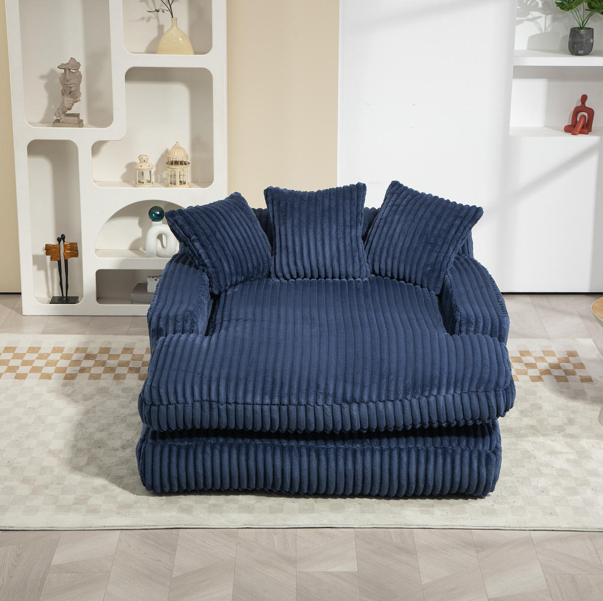 BIGSOFA Chaiselongue Cord mit 3 Kissen bodennah 125/155/63 cm Dunkelblau - Dunkelblau, Textil (63/125/155cm) - Redom