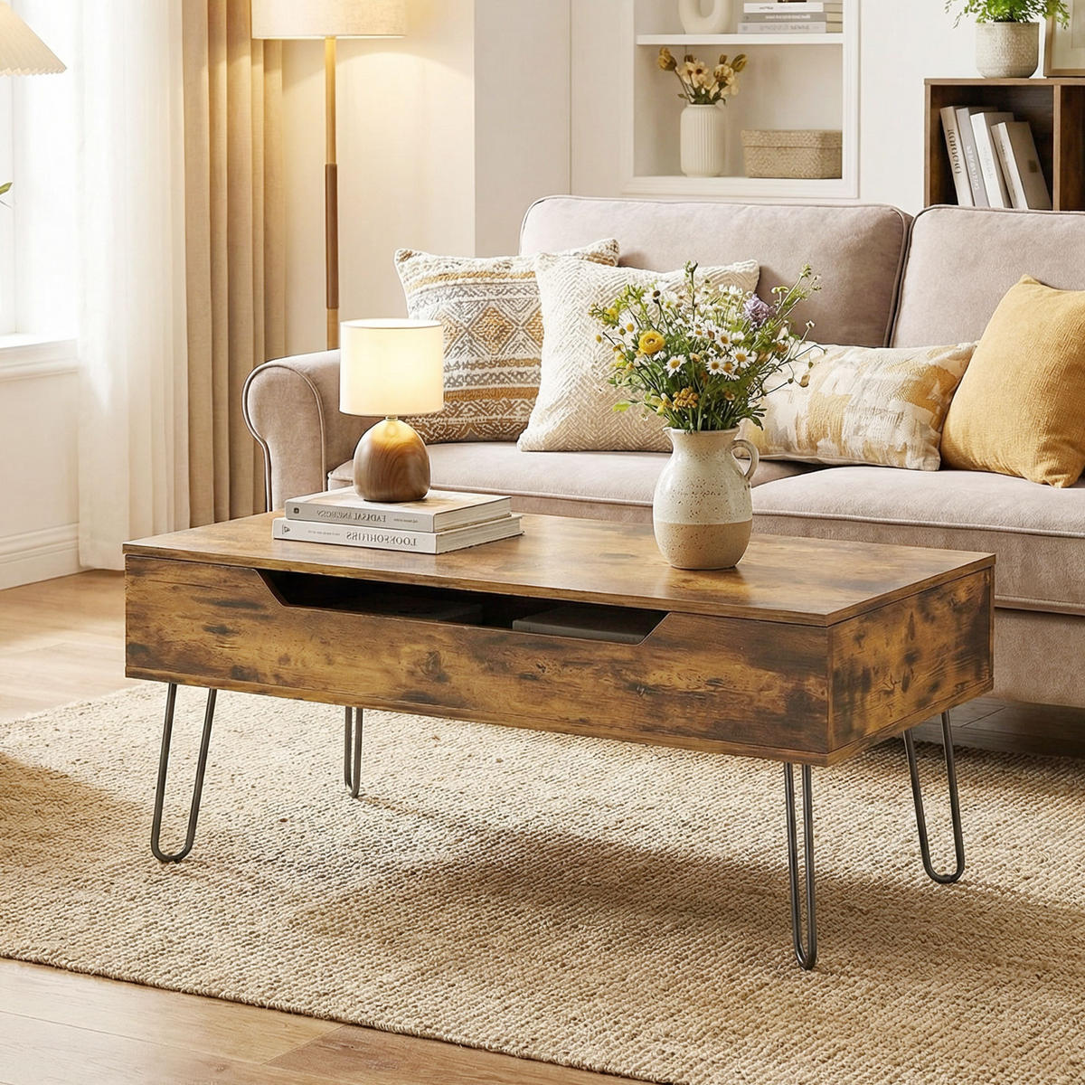 COUCHTISCH DE-15845 höhenverstellbare Platte Rustikales Braun - Braun, Holzwerkstoff (95/50/40cm) - ComfortXL