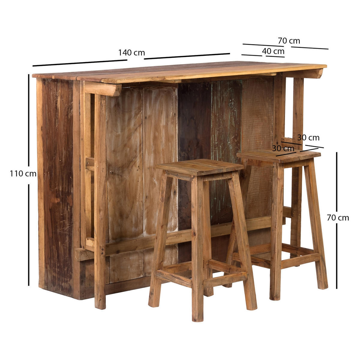 BARSCHRANK-SET Aruba 3-tlg. Massivholz, mit 2 Barhockern, 12er Flaschenregal und Gläserschienen naturfarben - Naturfarben, Holz (140/110/69cm) - DESIGN DELIGHTS