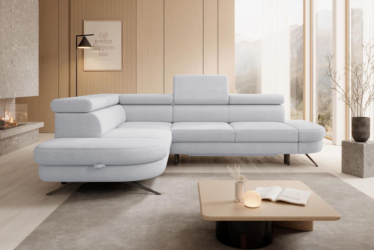 ECKSOFA OTIS L-förm, Schlaffunktion, verstellbare Kopfstützen, in AURORA-Stoff, lose Rückenkissen, freistehend, LINKS 218x276x97 cm Stainless colour - Edelstahlfarben, Holz/Textil (218/276cm) - DomoHome