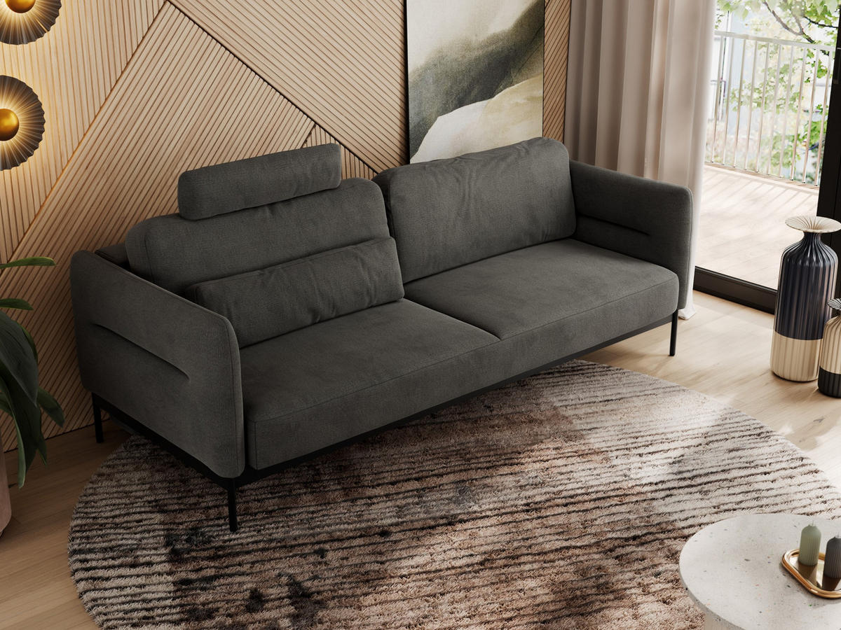 SOFA SALENTO Dunkelgrau Velvet - Dunkelgrau/Schwarz, Textil/Metall (221/82/101cm) - MKS