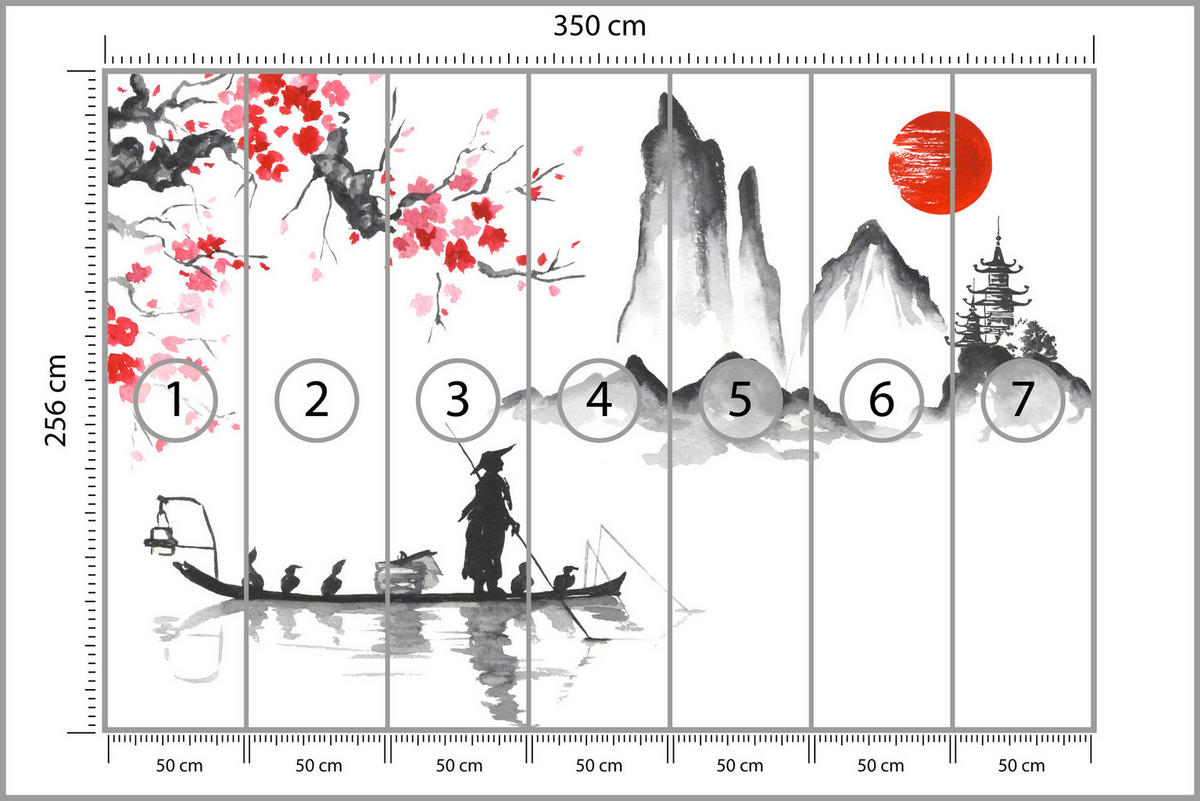FOTOTAPETE Japanische Landschaft Aquarell 350x256 - Rot/Schwarz, Papier (350/256cm) - Muralo