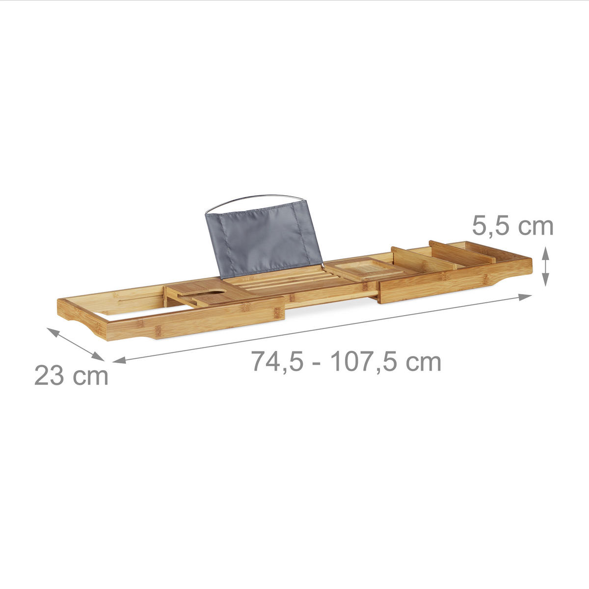 BADKARSBRICKA Natur bambu utdragbar med bokstöd - Ljusbrun, Trä/Textil (107.5/19/23cm) - Relaxdays