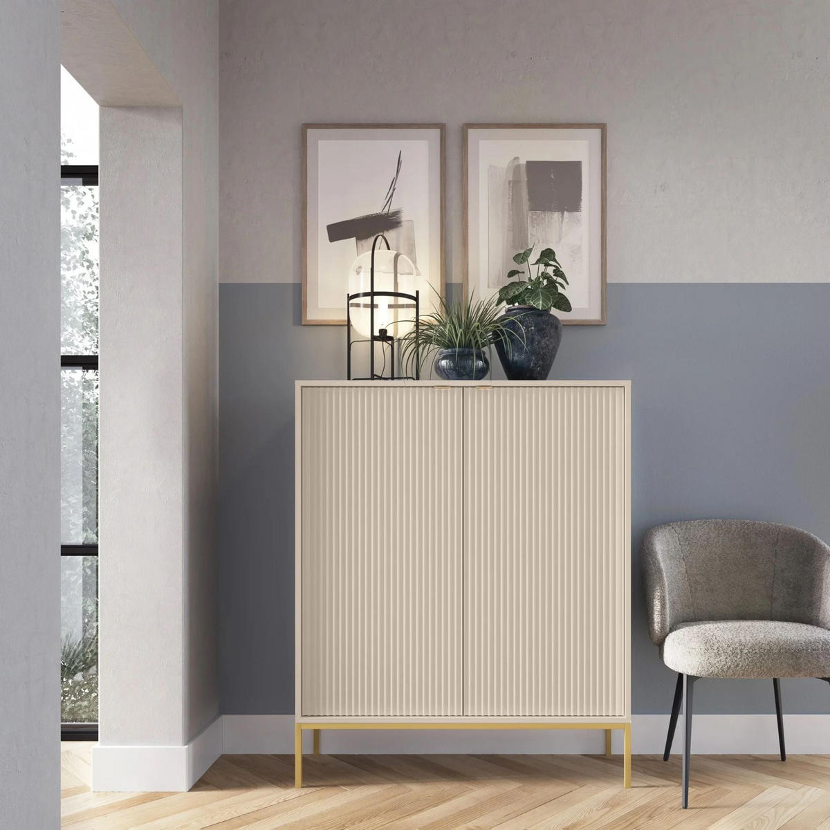VELLORE Highboard - Beige/Goldfarben, Holzwerkstoff/Metall (104/125/39cm) - Selsey