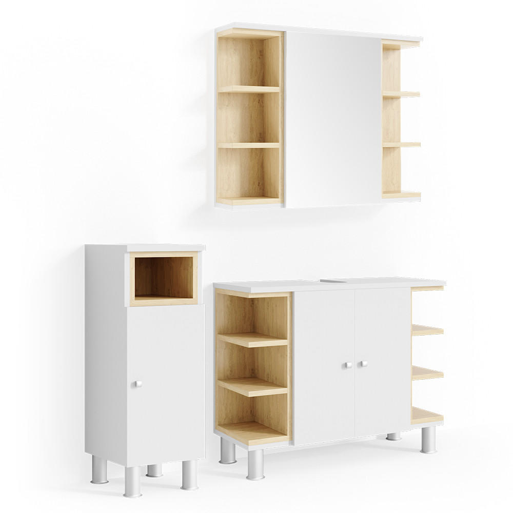 BADMÖBEL-SET Aquis Weiß 3 Teile - Weiß/Sonoma Eiche, Holzwerkstoff (79.6/64/32cm) - Vicco