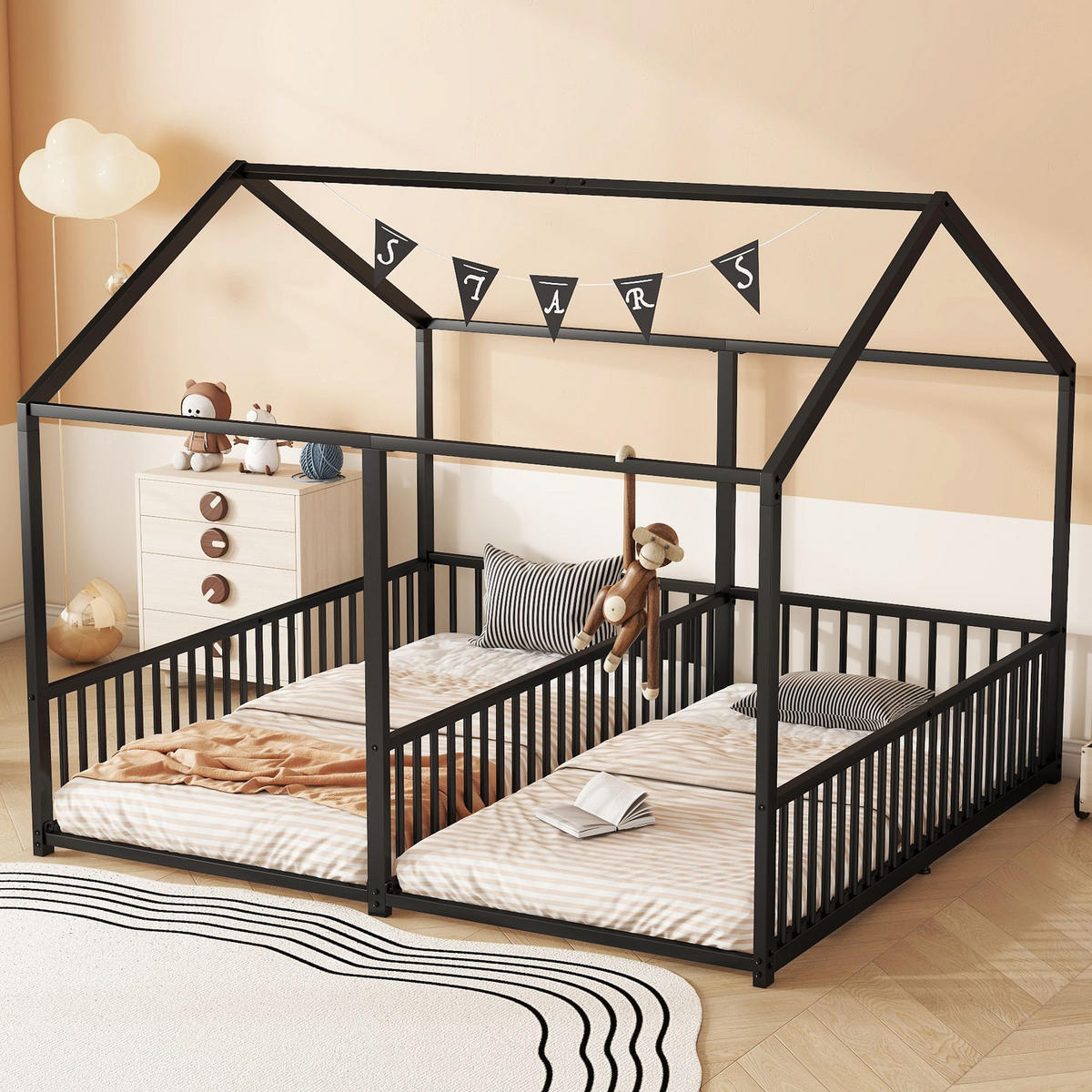 HAUSBETT 90x200cm in Schwarz，Doppelbett Design - Schwarz, Metall (90/200cm) - KOMHTOM