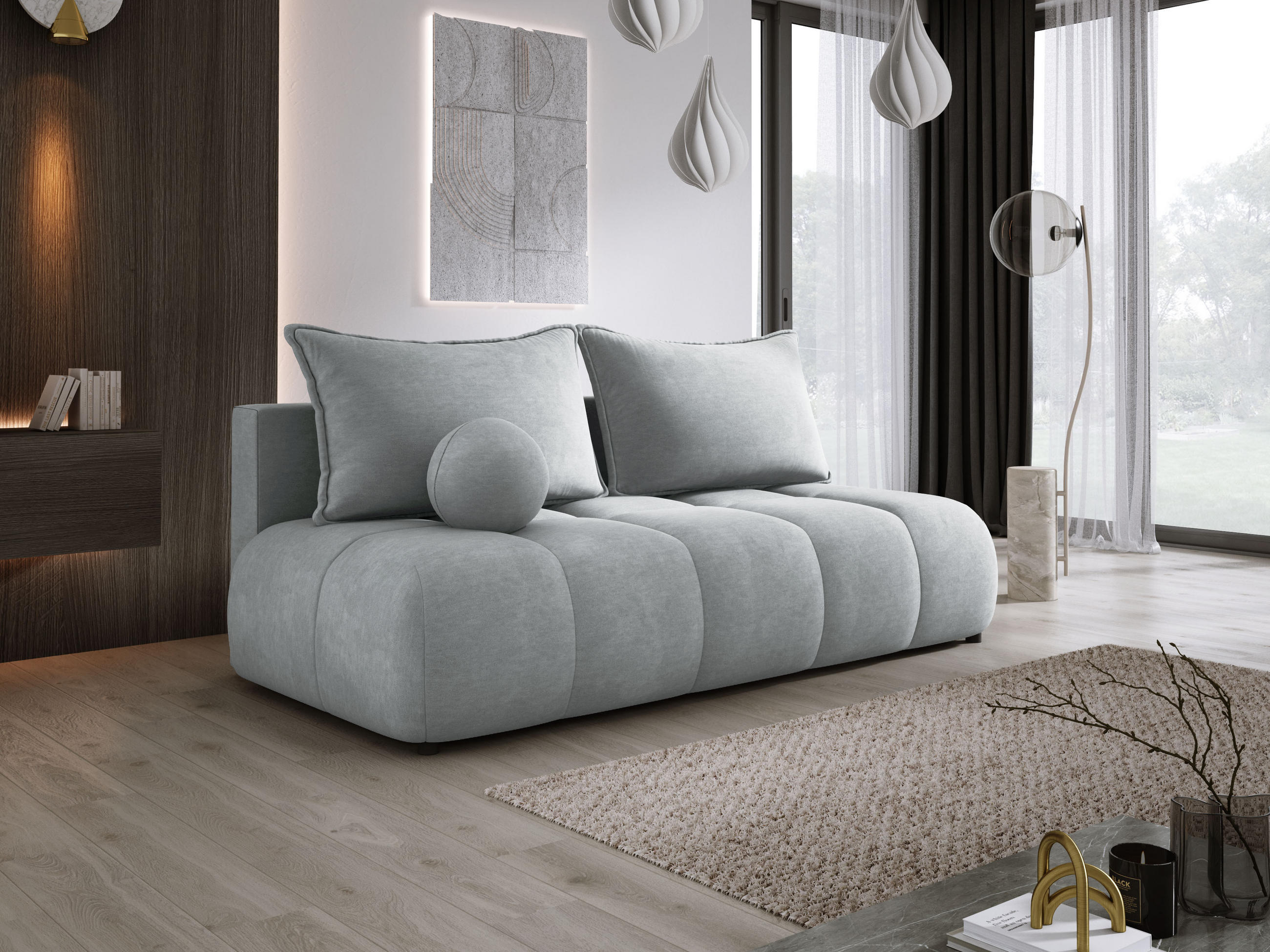 SOFA COCO MINI SCHLAFSOFA mit Bettfunktion, CLOUD Stoffbezug, 2-Sitzer, freistehend, Größe: 205x105x97 cm, Silver - Silberfarben, Holz/Textil (205/97/105cm) - DomoHome
