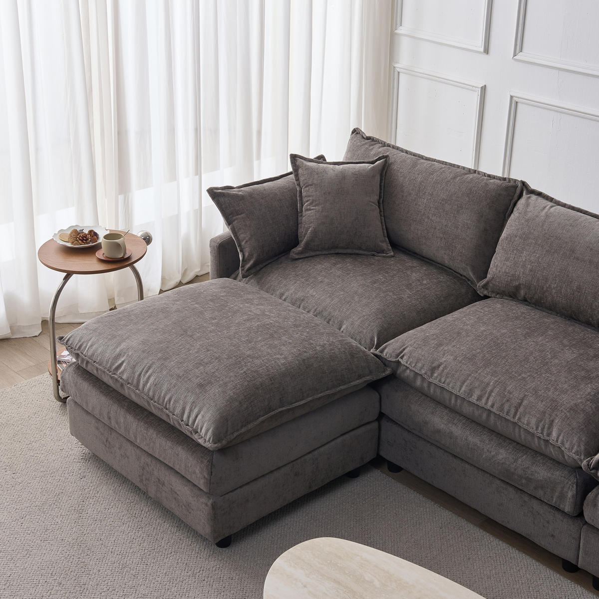 ECKSOFA 267/154/85 cm Grau aus Chenille mit modularer Ottomane - Grau, Textil (154/267cm) - OKWISH