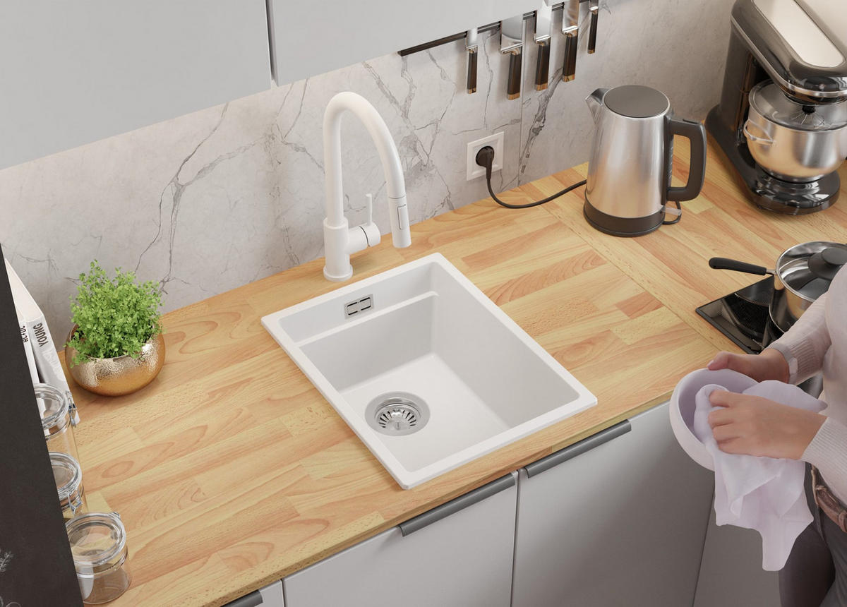 GRANITSPÜLE Praga Slim, 2-er set Weiß 36/47 cm 1 Becken + Küchenarmatur 40/20 cm + Ablauf-Set + Aufrollbare Abtropffläche ab 40er Unterschrank - Chromfarben/Weiß, Kunststoff (36/20/47cm) - Primagran