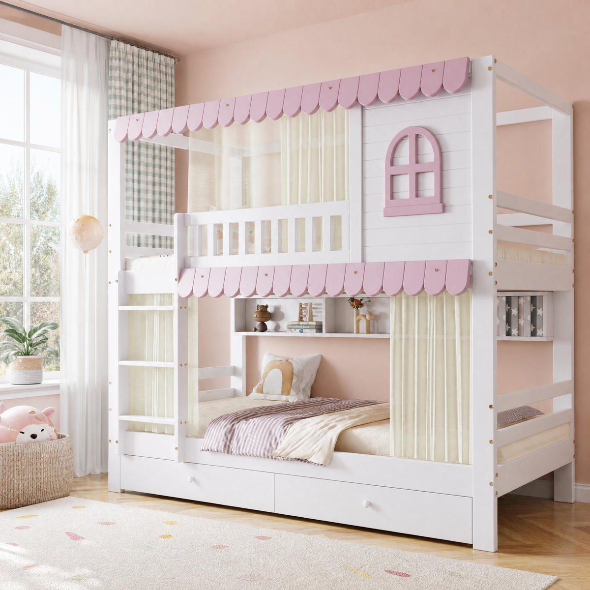 ETAGENBETT 90/200 mit Schubladen, Regal und Fallschutzgitter in Weiß und Rosa - Weiß/Rosa, Holz/Holzwerkstoff (90/200cm) - EVRYAE
