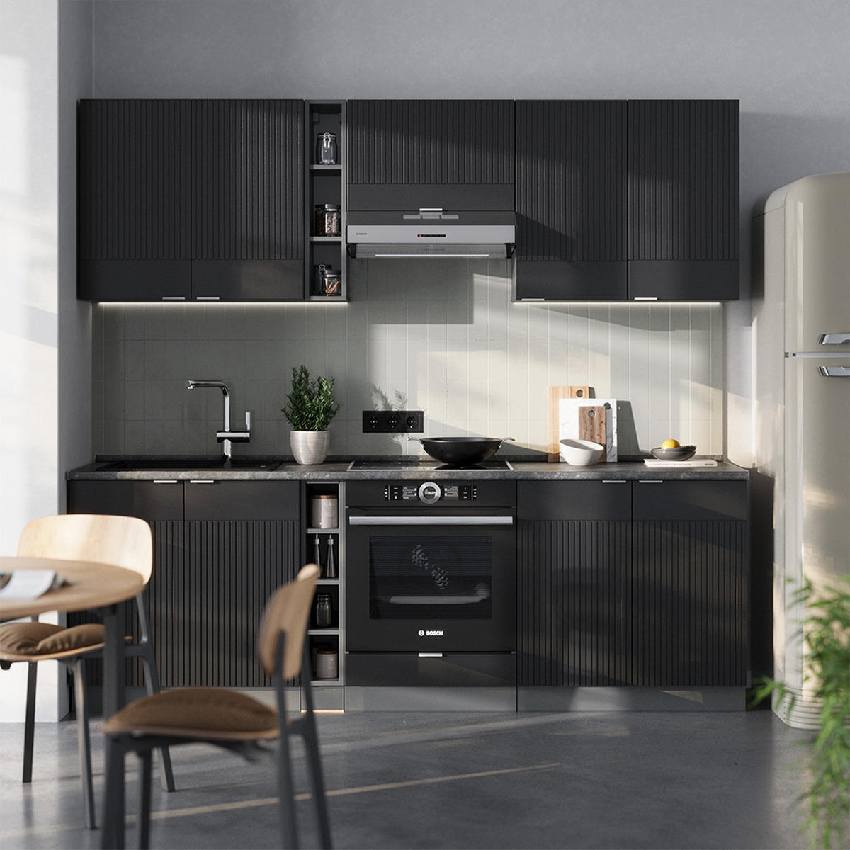 KÜCHENZEILE Fame-Line, Schwarz gestreift/Anthrazit, 235 cm, AP Marmor - Anthrazit/Schwarz, Holzwerkstoff (235/81.6/60cm) - Vicco