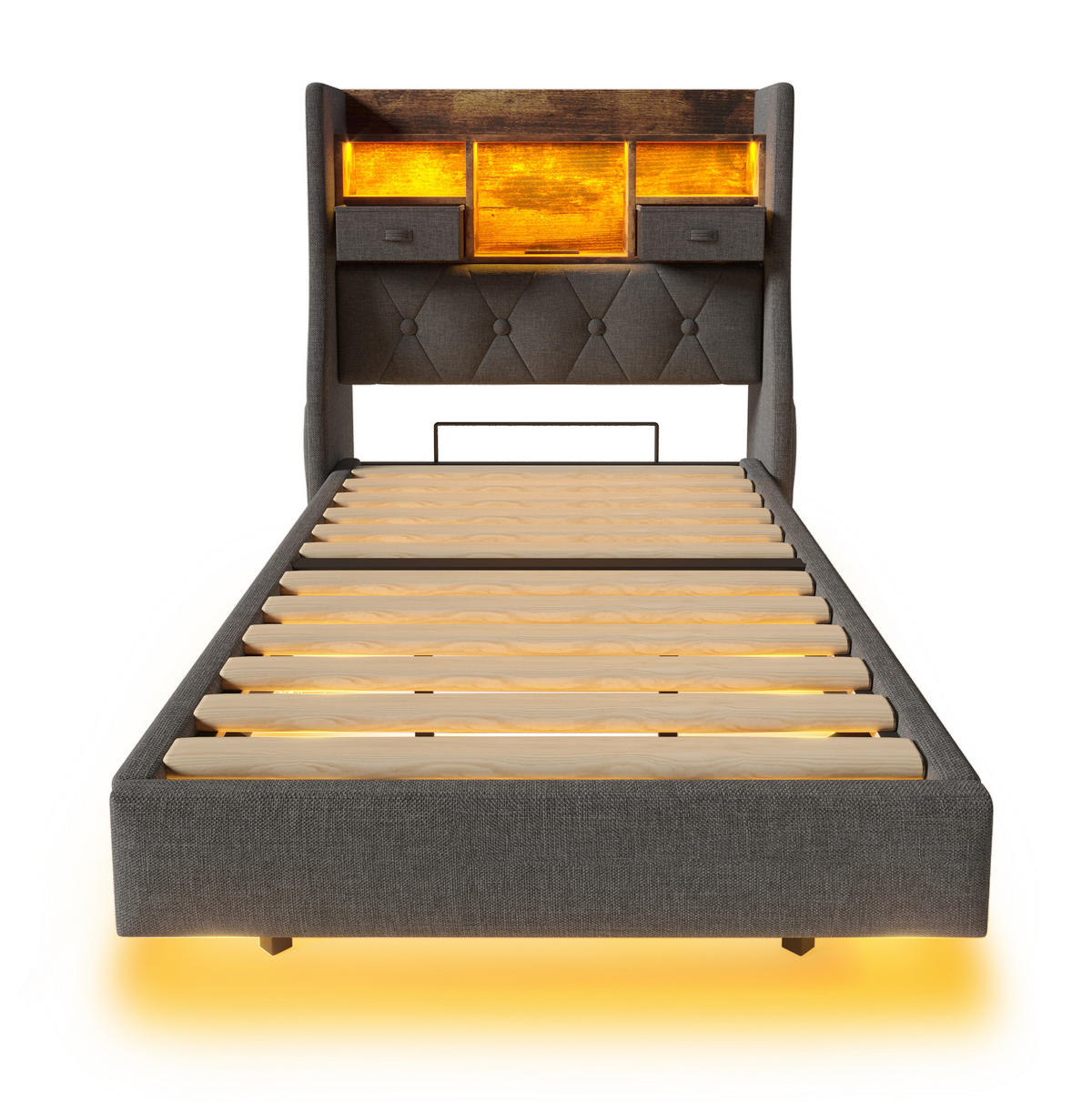 POLSTERBETT 90/200 cm aus Leinen mit LED-Beleuchtung, USB- und Type-C-Anschluss, Stauraum-Kopfteil, Grau - Grau, Textil (90/200cm) - Redom