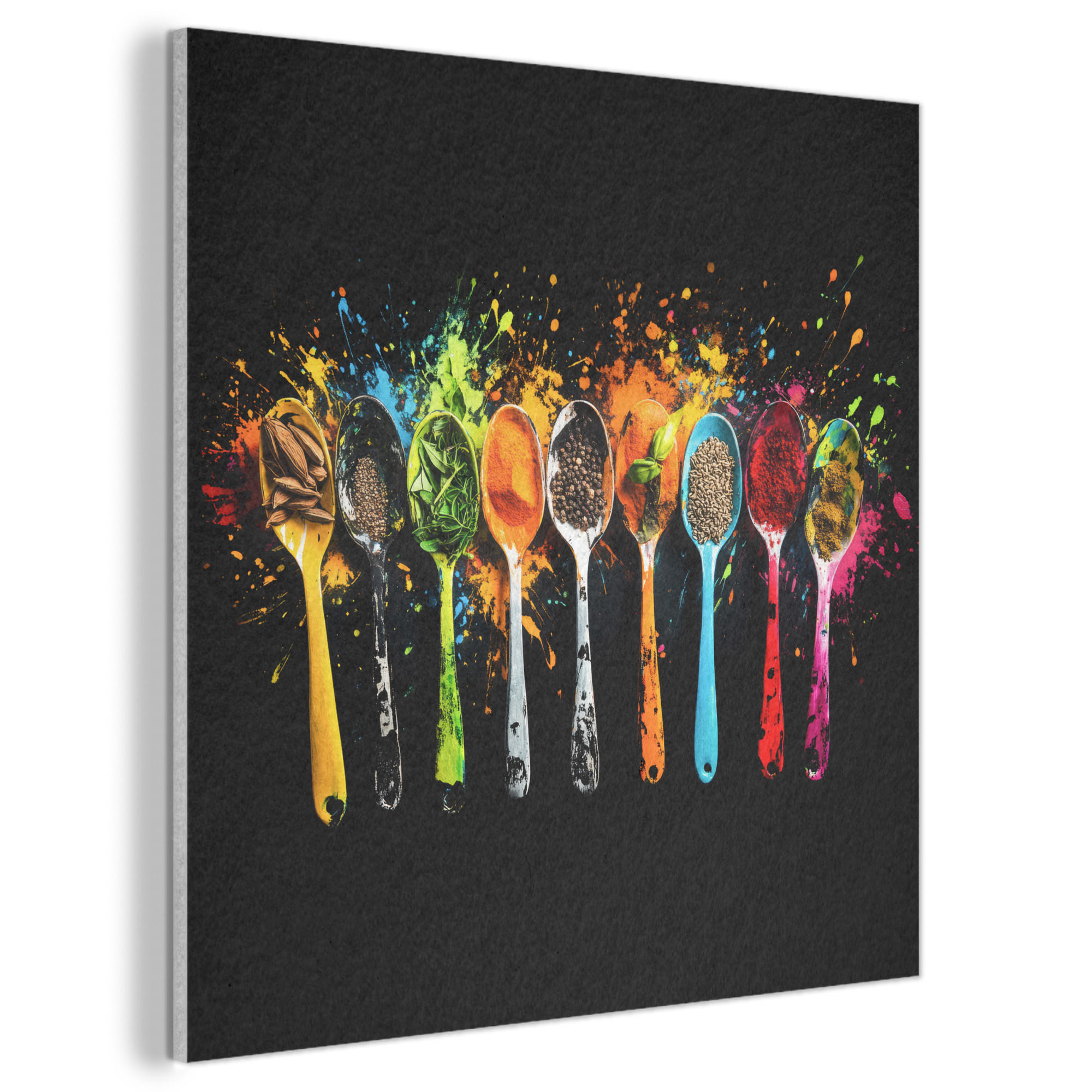 AKUSTIKBILD Löffel - Gewürze - Modern - Graffiti - Farbe - Farbenfroh Akustikpaneele 90x90 cm - Multicolor, Textil (90/90/0.9cm) - MuchoWow