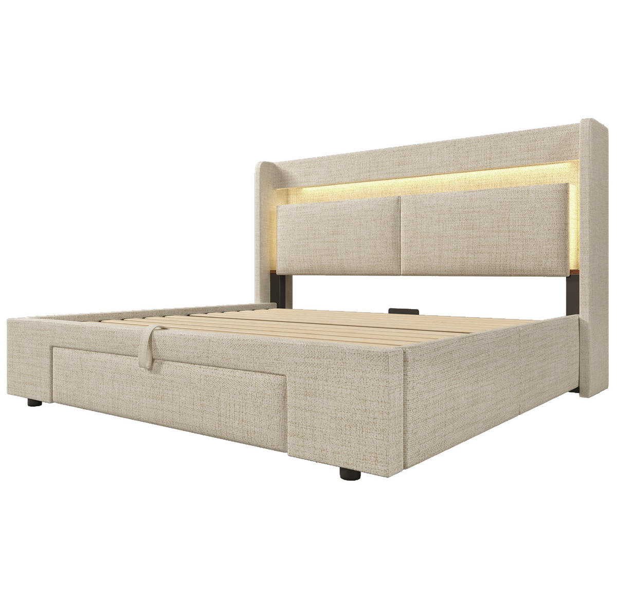 POLSTERBETT aus Leinen 140x200 cm Beige mit Stauraum, LED-Beleuchtung, USB- und USB-C-Anschlüssen - Beige, Textil (140/200cm) - IVMEU