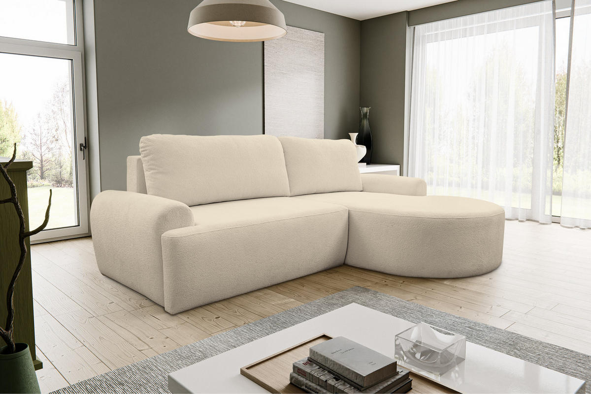 ECKSOFA Dream in L-Form mit Schlaffunktion und Bettkasten, Farbe: Beige, Bouclé-Stoff, Ottomane Rechts - Beige, Textil (260/136cm) - VENASI MÖBEL