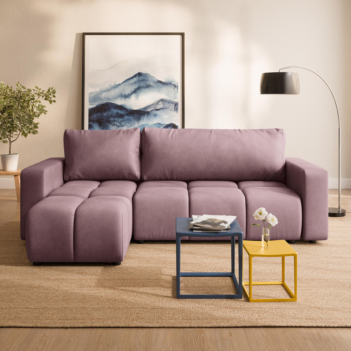 ECKSOFA RAMIL Rosa Plüsch-Stoff mit Schlaffunktion - Rosa, Holz (240/149cm) - MASSENO