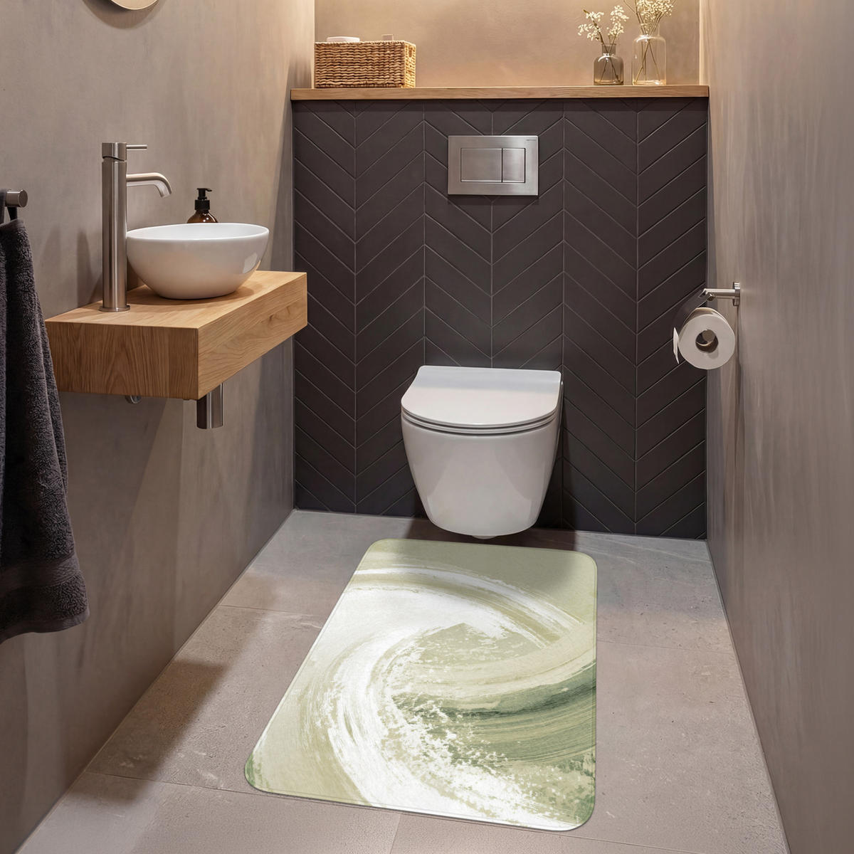 WC PŘEDLOŽKA Abstraktní - Tahy štětcem - Vlny - Zelená 60x90 cm - mátově zelená, textil/plast (60/1cm) - OnlyWow