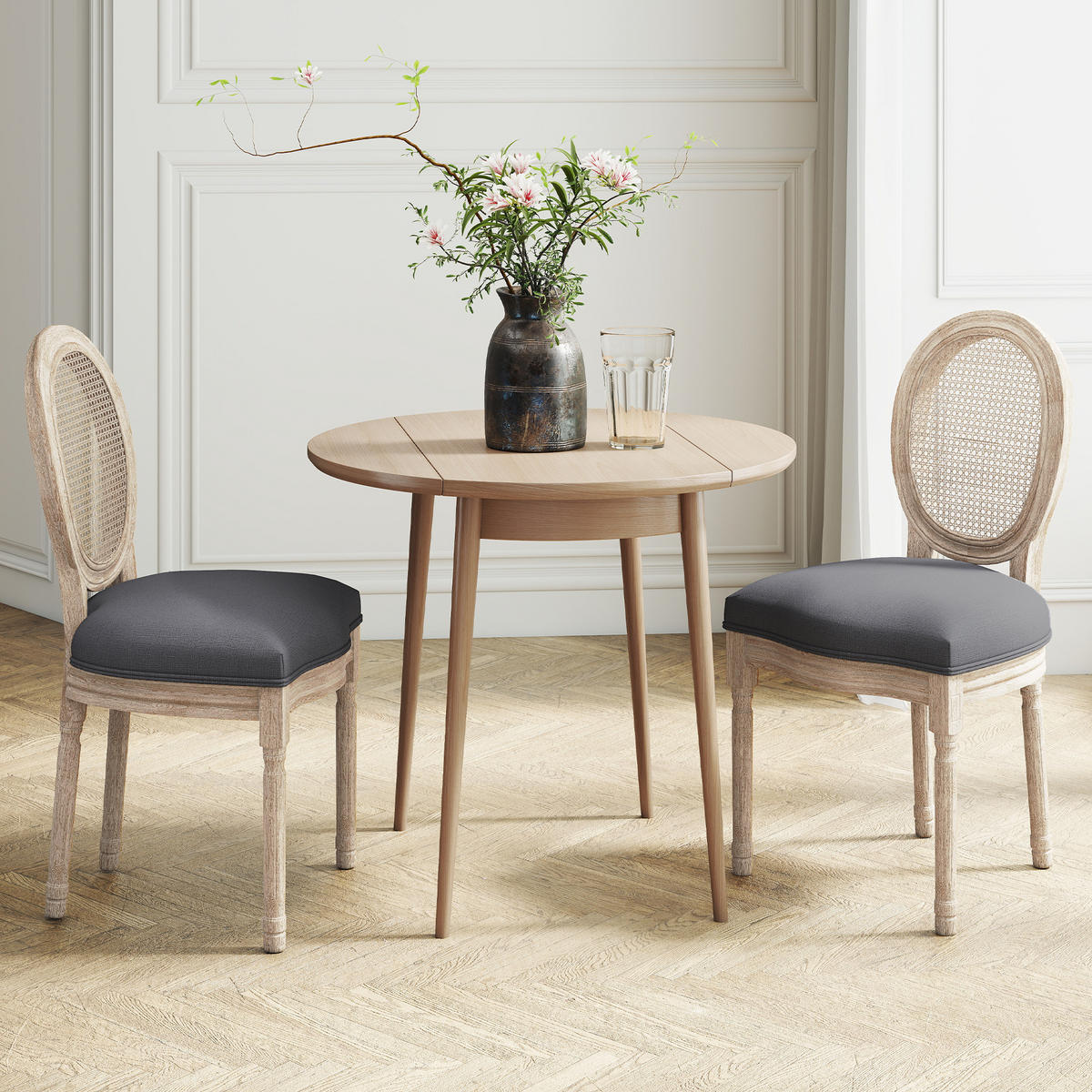 ESSZIMMERSTÜHLE 2er Set Küchenstuhl mit Rattan-Rückenlehne, Leinenoptik Grau - Naturfarben/Grau, Holz/Textil (56/96/49cm) - HOMCOM