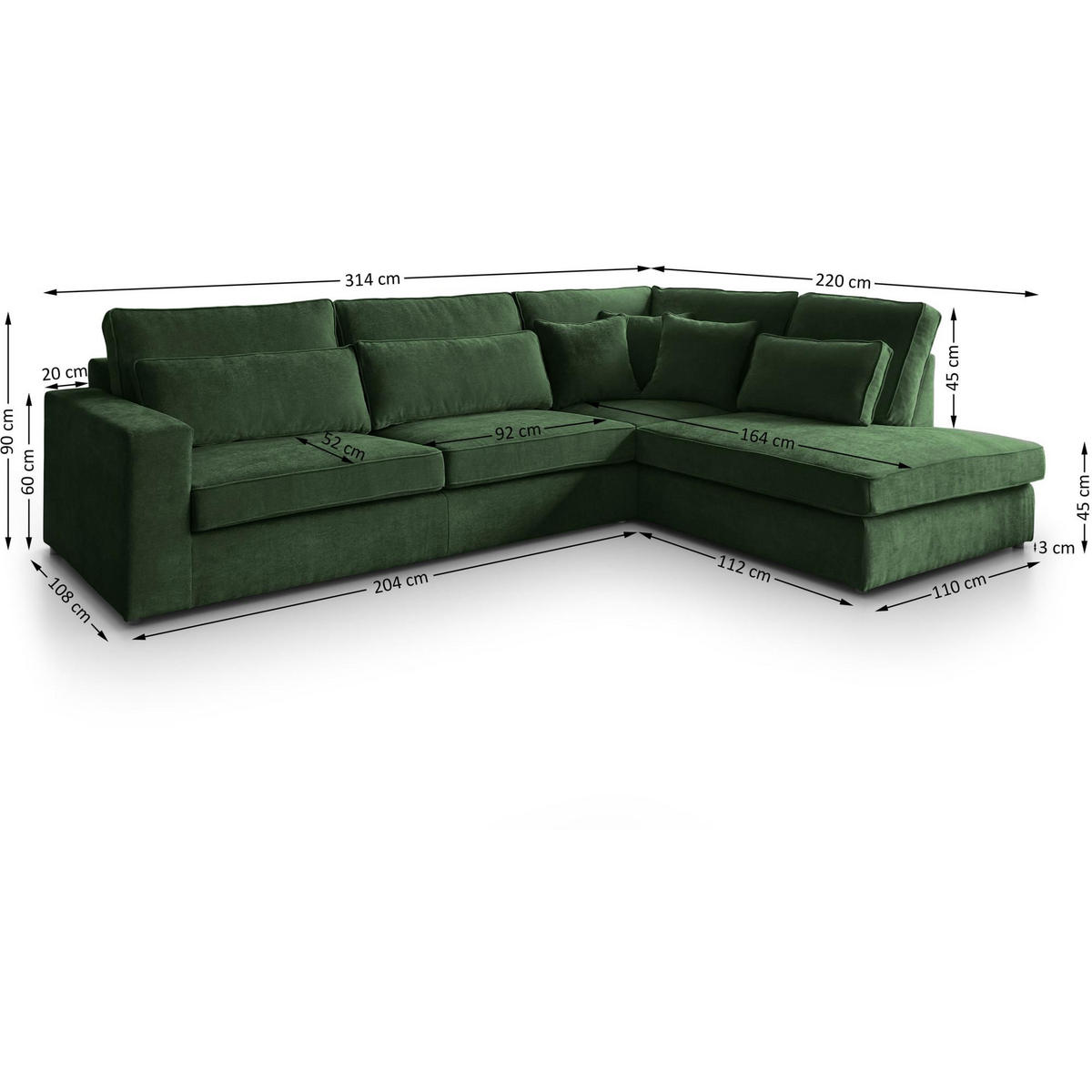 ECKSOFA Parma ohne Schlaffunktion dunkelgrün rechts - Dunkelgrün/Schwarz, Textil (314/224cm) - Beautysofa