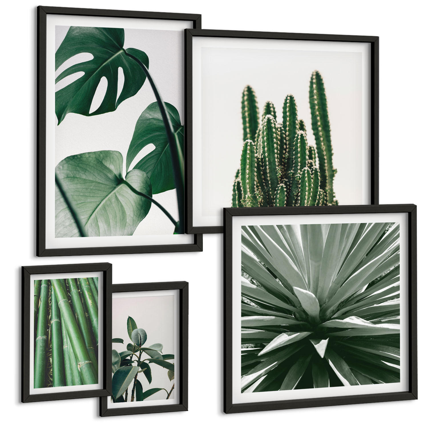 BILDER SET 5er Set - 50x50 cm & 20x30 cm & 40x60 cm Schwarzer Rahmen - Bambusblätter - Schwarz, Kunststoff (40/60cm) - TULUP