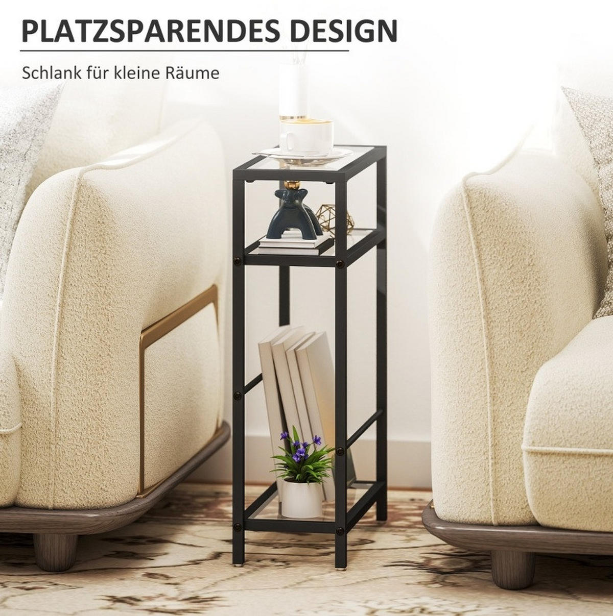 BEISTELLTISCH aus Glas 18x40x62 cm Schwarz mit 3 Ebenen, platzsparendem Design und verstellbaren Querstangen - Schwarz, Glas (40/18/62cm) - Modfu
