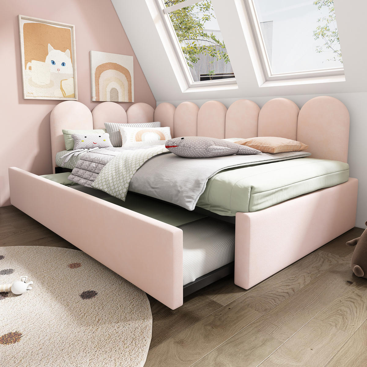 POLSTERBETT aus Samt 90x200 cm in Rosa mit Ausziehbett - Rosa, Textil (90/200cm) - Modfu