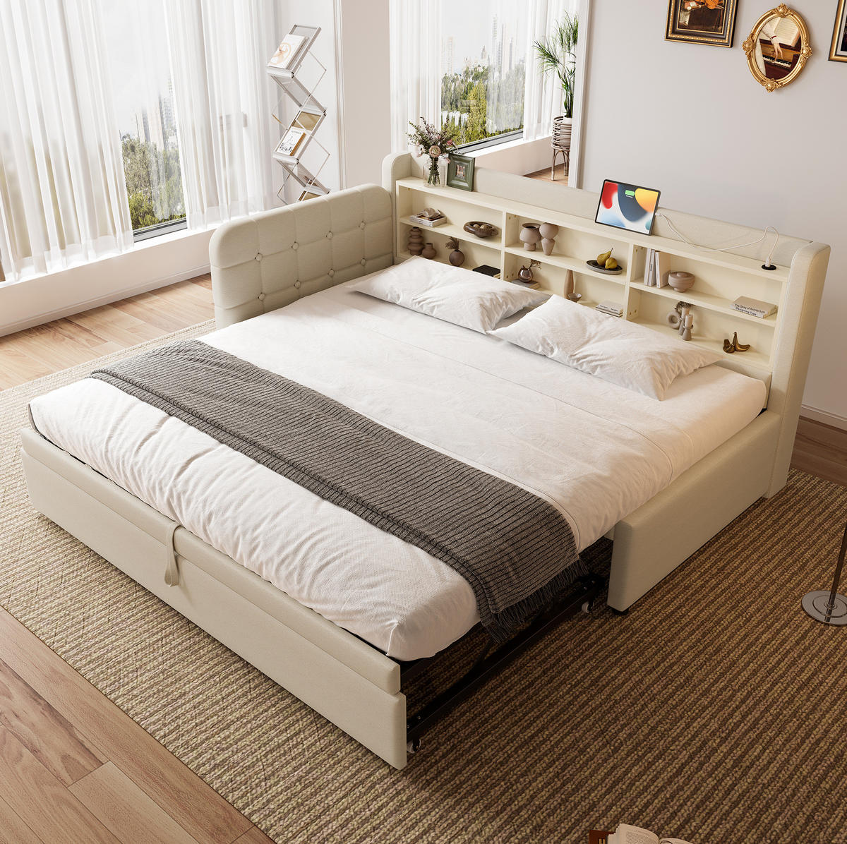BETT 90/200 cm mit Ausziehbett, Kopfteil und USB/Typ-C – inkl. Lattenrost, Beige - Beige, Textil (90/200cm) - BEAOK